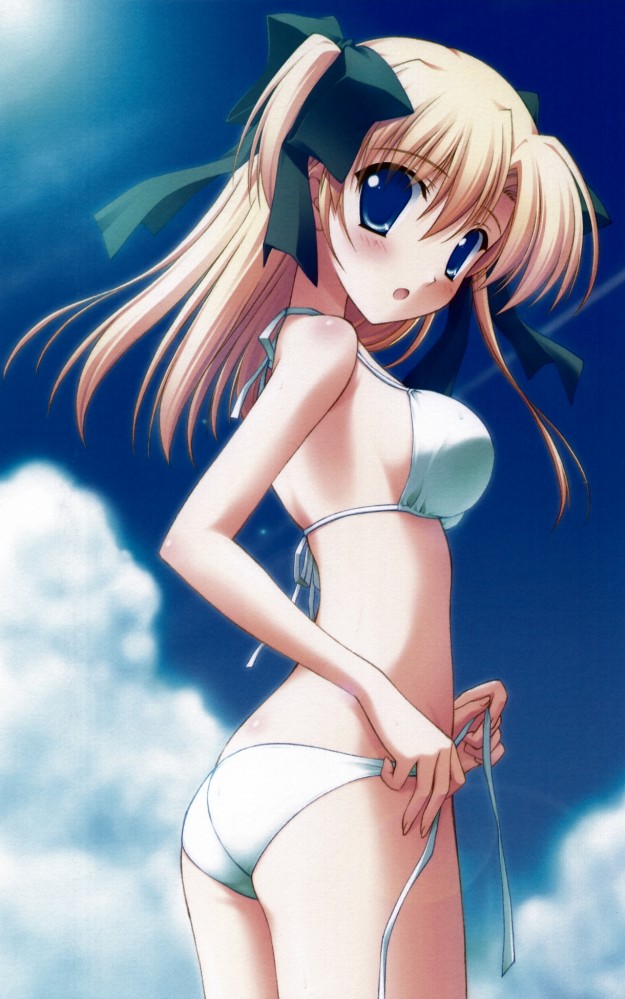 1girl adjusting_clothes adjusting_swimsuit ass bikini blonde_hair blue_eyes blush breasts cloud from_behind hair_ribbon large_breasts light_rays long_hair looking_at_viewer looking_back naru_nanao open_mouth original ribbon sky sunbeam sunlight swimsuit twintails white_bikini