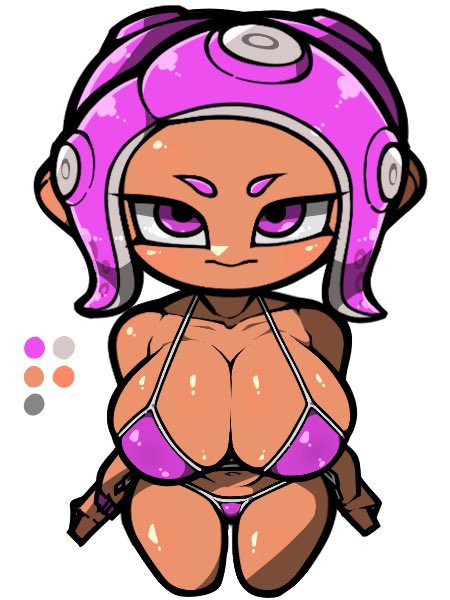 1girl 3: bare_shoulders bikini breasts cleavage closed_mouth collarbone color_guide large_breasts looking_at_viewer name_omoitukan2 navel nintendo octoling octoling_girl octoling_player_character purple_bikini purple_eyes purple_hair shiny_skin short_hair simple_background solo splatoon_(series) swimsuit tentacle_hair thick_lineart white_background