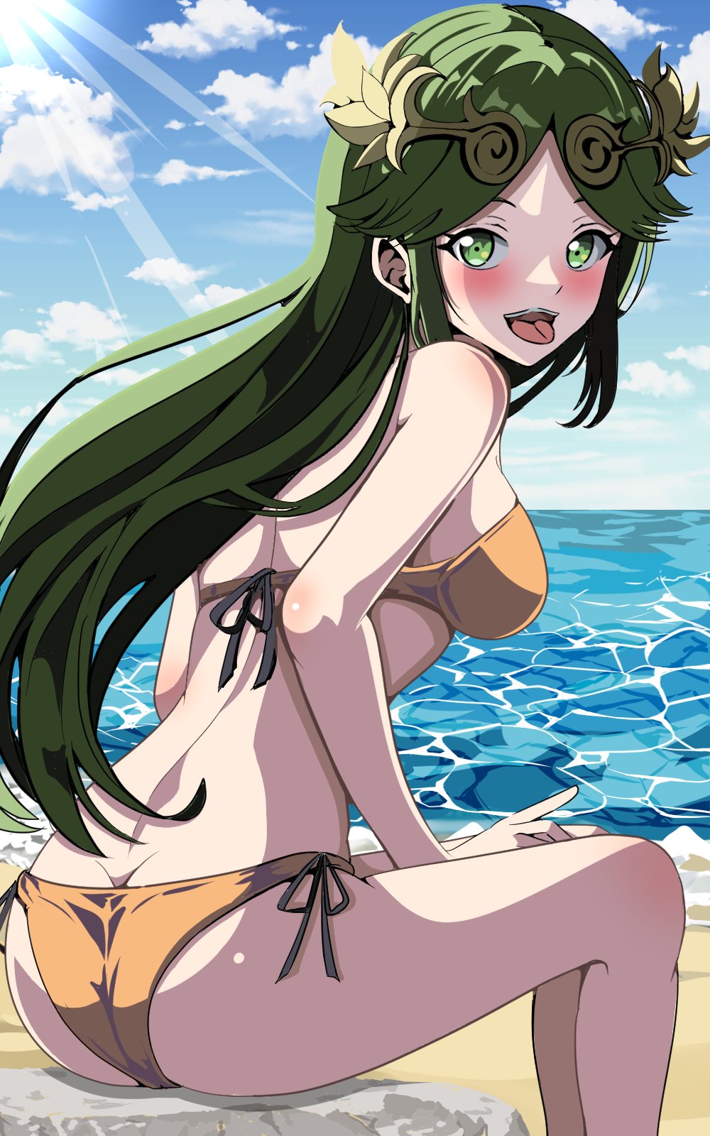 1girl ass back bikini blush breasts green_hair highres kid_icarus kid_icarus_uprising laurel_crown nintendo palutena smile solo super_smash_bros. swimsuit taka_p_(zelda27th) tiara water