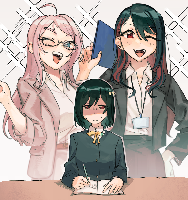 3girls ;d ahoge black_hair black_jacket black_skirt blazer blue_eyes book closed_mouth collared_shirt commentary_request dress_shirt fang fang_out fangs frown glasses green_hair grey-framed_eyewear hair_between_eyes hair_ribbon holding holding_pencil jacket korean_commentary lanyard long_hair long_sleeves love_live! love_live!_nijigasaki_high_school_idol_club mayonejeu mifune_kaoruko mifune_shioriko mole mole_under_eye multicolored_hair multiple_girls neck_ribbon nijigasaki_school_uniform notebook one_eye_closed open_book open_mouth parted_bangs pencil pink_hair pink_jacket pink_skirt red_eyes red_hair ribbon school_uniform semi-rimless_eyewear shaded_face shirt short_hair siblings sidelocks sisters skirt smile sparkle streaked_hair sweatdrop swept_bangs teacher teeth two-tone_hair under-rim_eyewear upper_teeth_only white_shirt winter_uniform yellow_ribbon zhong_lanzhu