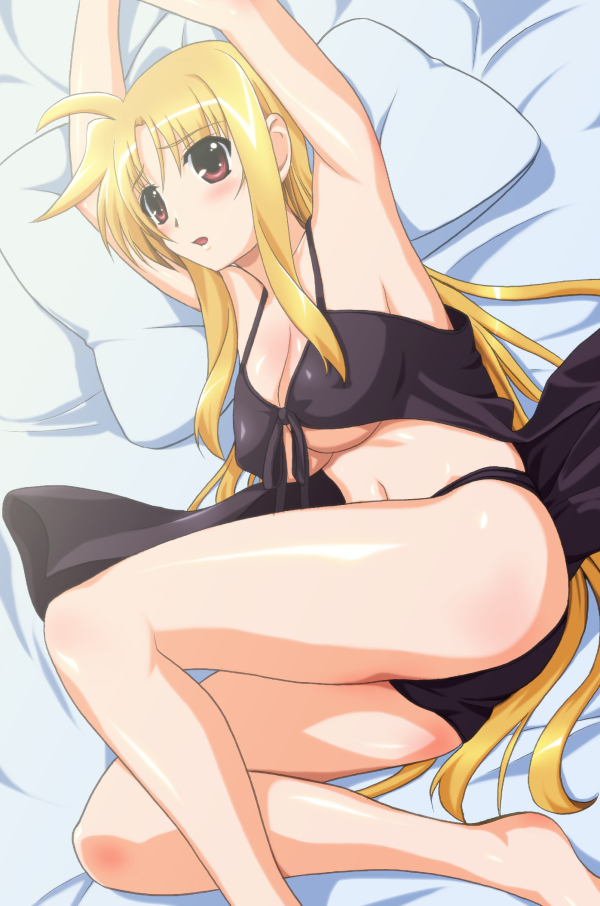 00s 1girl armpits arms_up barefoot bed blonde_hair blush breasts fate_testarossa female_focus long_hair lying lyrical_nanoha mahou_shoujo_lyrical_nanoha mahou_shoujo_lyrical_nanoha_strikers red_eyes solo underboob very_long_hair yuuki1103