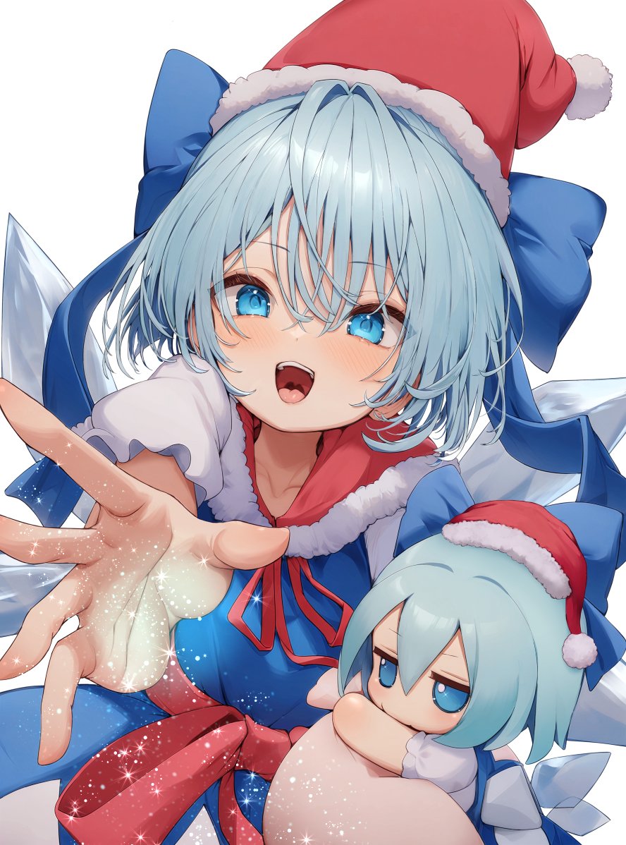 1girl blue_bow blue_dress blue_eyes blue_hair blush bow christmas cirno commentary_request detached_wings dress fumo_(doll) hair_between_eyes hair_bow hat ice ice_wings looking_at_viewer mikan_(manmarumikan) open_mouth pinafore_dress puffy_short_sleeves puffy_sleeves reaching reaching_towards_viewer red_hat santa_hat shirt short_hair short_sleeves sleeveless sleeveless_dress smile solo touhou white_background wings