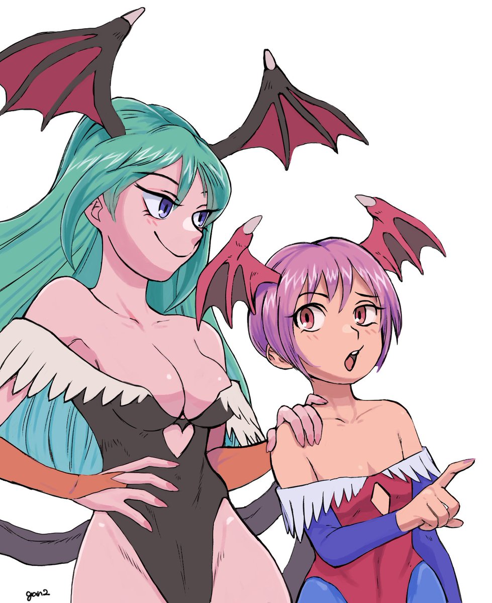 2girls aqua_hair artist_name bare_shoulders bat_wings black_leotard black_wings blue_eyes blue_pantyhose breasts bridal_gauntlets cleavage closed_mouth clothing_cutout collarbone cutout_above_navel darkstalkers demon_girl diamond_cutout flat_chest gan2 hand_on_another&#039;s_shoulder head_wings heart_cutout highleg highleg_leotard highres leotard lilith_(darkstalkers) long_hair looking_at_another medium_breasts morrigan_aensland multiple_girls open_mouth pantyhose pointing purple_hair red_eyes red_leotard red_wings short_hair simple_background smile teeth uneven_eyes upper_teeth_only white_background wings