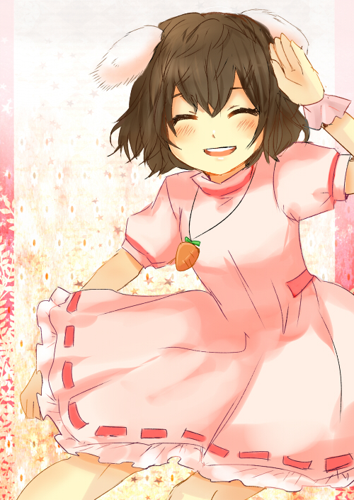 1girl animal_ears black_hair blush brown_hair carrot_necklace closed_eyes dress female_focus hair_between_eyes inaba_tewi jewelry kataro necklace open_mouth pink_dress rabbit_ears ribbon-trimmed_dress ribbon_trim round_teeth short_hair smile solo star_(symbol) teeth touhou upper_teeth_only