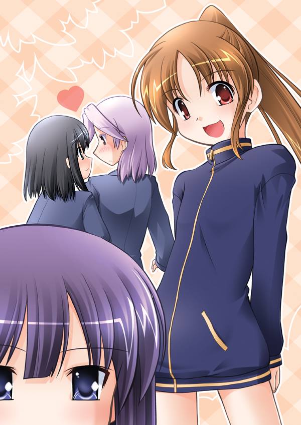 4girls bare_legs black_hair blue_eyes blush brown_hair female_focus heart jacket kajiki_yumi long_sleeves multiple_girls naked_jacket purple_hair red_eyes sagimori_arata saki saki_(manga) saki_achiga-hen school_uniform takakamo_shizuno touyoko_momoko track_jacket tsuruga_school_uniform