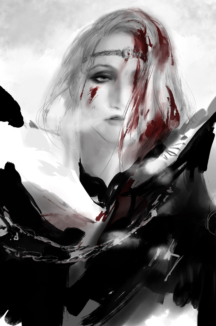 1boy androgynous bishounen blood blood_in_hair blood_on_face circlet expressionless eyeshadow final_fantasy final_fantasy_xiv garlean greyscale hair_over_one_eye highres looking_at_viewer makeup male_focus monochrome one_eye_covered parted_lips portrait pydiyudie simple_background sketch solo spot_color white_background zenos_yae_galvus