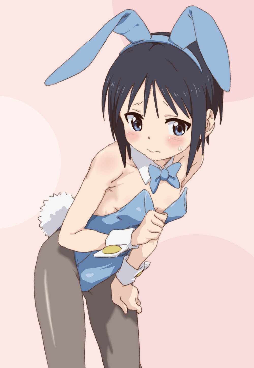 1girl animal_ears black_hair black_pantyhose blue_bow blue_bowtie blue_eyes blue_leotard blush bow bowtie breasts clenched_hand closed_mouth collar detached_collar fake_animal_ears frown hand_on_own_hip highres kurosaki_honoka leaning_forward leotard pantyhose playboy_bunny rabbit_ears rabbit_tail short_hair solo standing strapless strapless_leotard sweatdrop tail white_collar wing_collar wrist_cuffs yama_no_susume ykr_(youkiri)