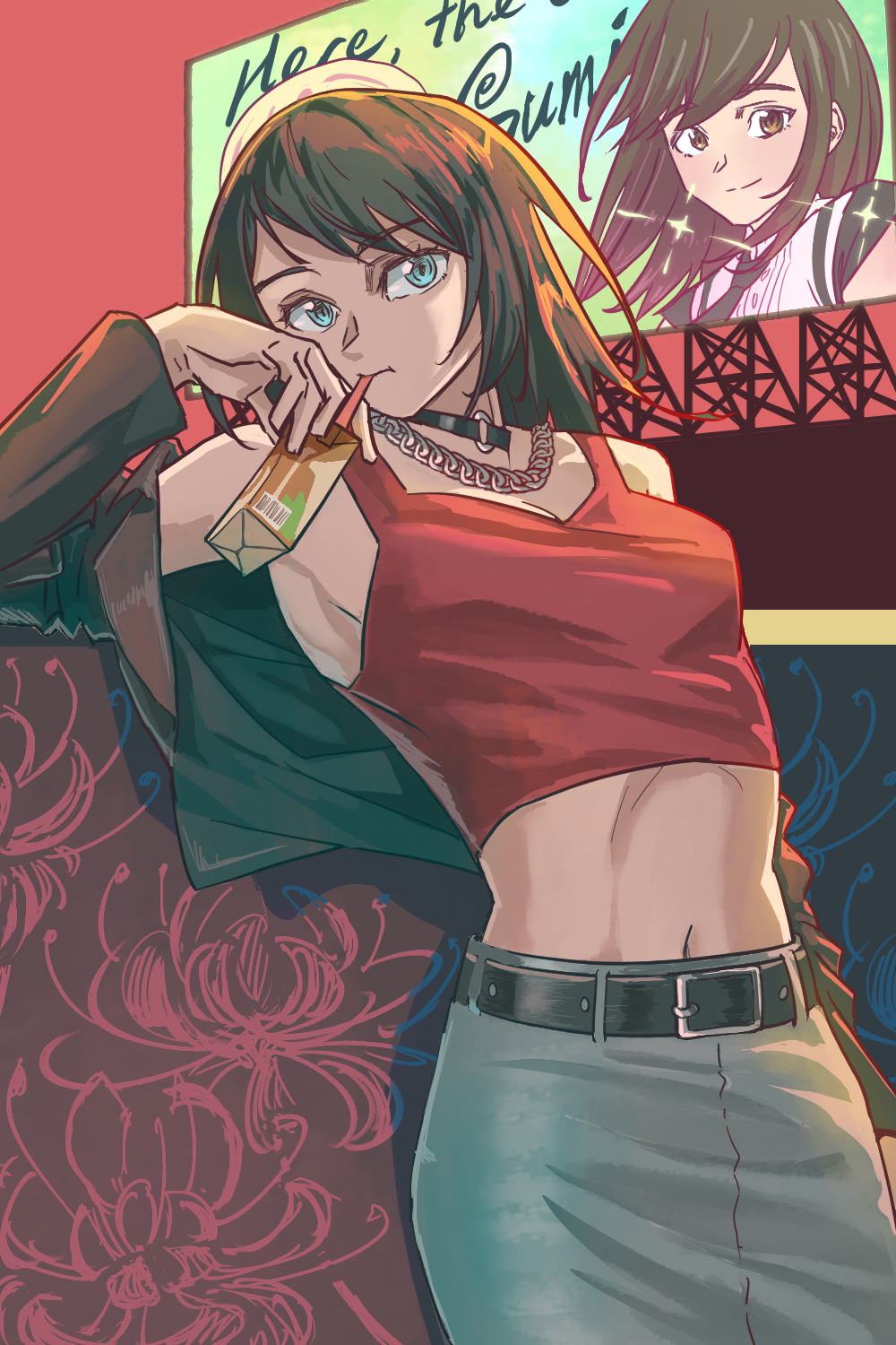 1girl anjuro_zeeku bad_id bad_pixiv_id bang_dream! bang_dream!_it&#039;s_mygo!!!!! belt belt_buckle black_belt black_choker black_hair black_jacket blue_eyes breasts buckle choker commentary crop_top drinking_straw drinking_straw_in_mouth flower grey_skirt highres holding_carton jacket jewelry long_sleeves looking_at_viewer medium_breasts medium_hair midriff misumi_uika navel necklace o-ring o-ring_choker open_clothes open_jacket red_tank_top skirt solo spider_lily sumimi_(bang_dream!) sumita_mana tank_top yahata_umiri