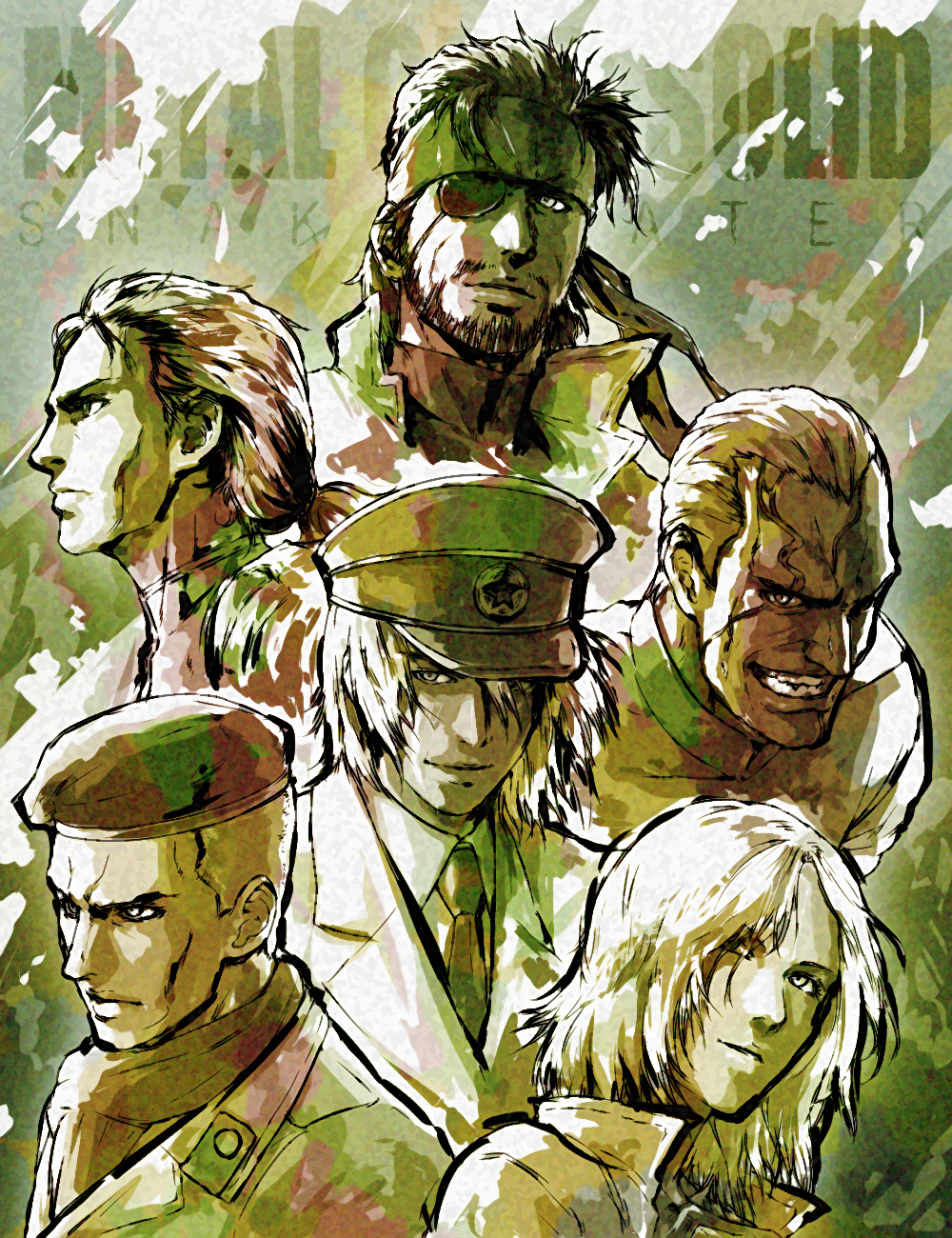 2girls 4boys bandana beret eva_(metal_gear) eyepatch hat highres metal_gear_(series) metal_gear_solid_3:_snake_eater military military_uniform multiple_boys multiple_girls naked_snake raikov revolver_ocelot sjw_kazuya the_boss yevgeny_borisovitch_volgin