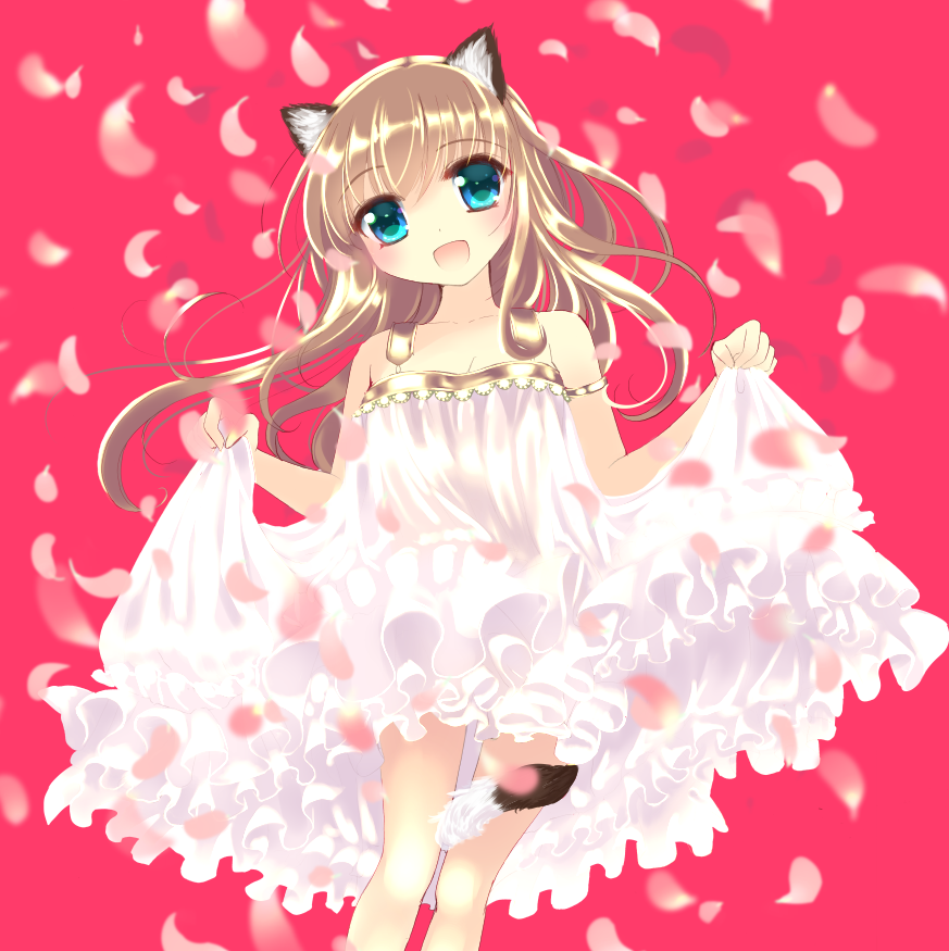 1girl :d animal_ears aqua_eyes bad_id bad_pixiv_id bare_legs bare_shoulders blonde_hair cat_ears cat_tail dress female_focus frills long_hair natsukawa_sarasa open_mouth original petals simple_background skirt_hold smile solo tail