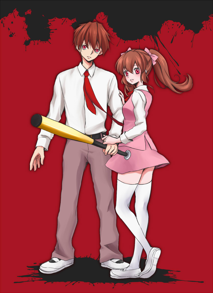 1boy 1girl baseball_bat bow brown_hair dual_persona hair_bow medium_hair misao narukami_aki_(female) narukami_aki_(male) necktie official_art red_eyes school_uniform seeen short_hair thighhighs twintails vest white_thighhighs