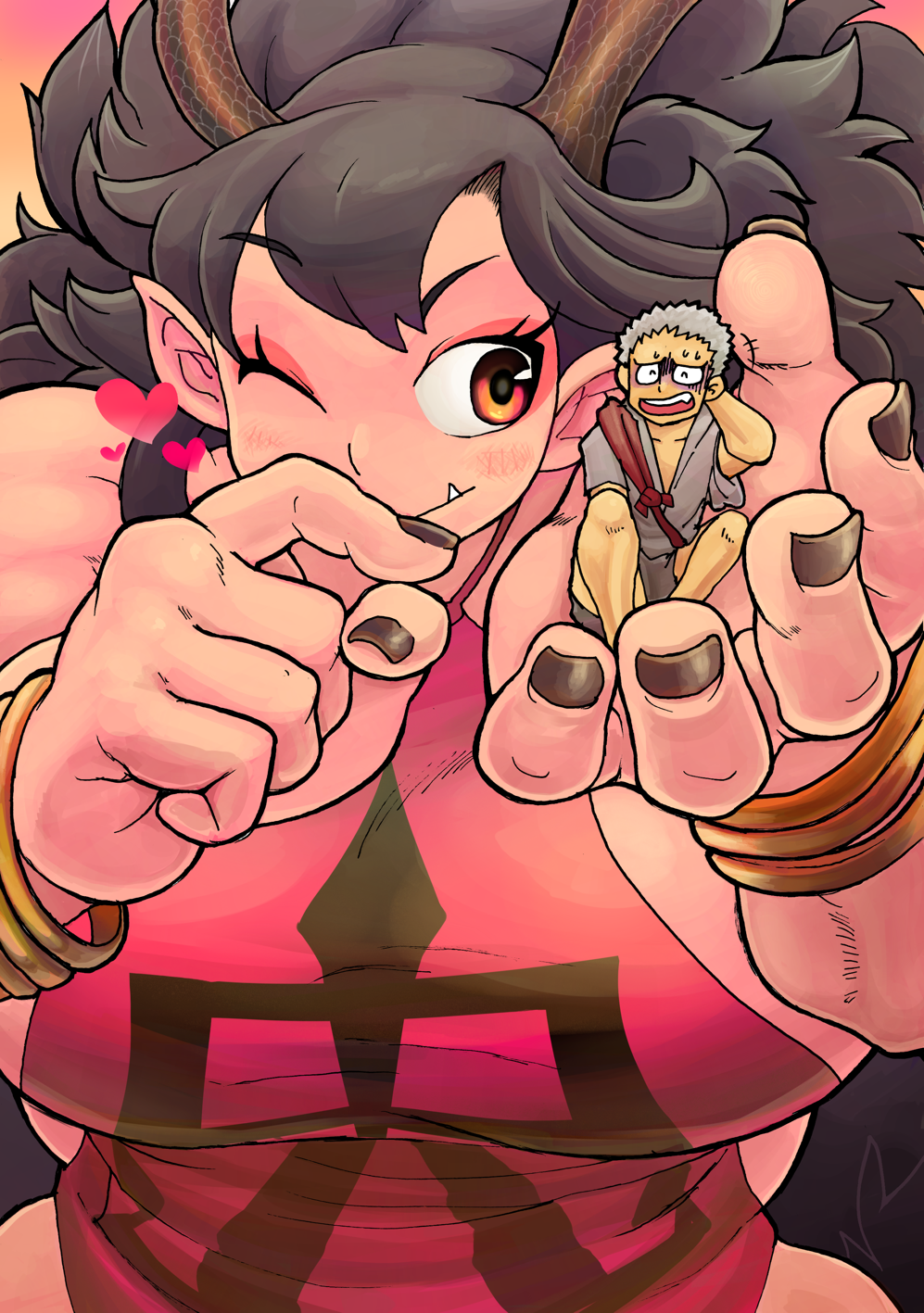 1boy 1girl bakugeki_no_g black_hair carrying couple eyeshadow fang giant giantess heart highres horns makeup messy_hair monster_girl muscular nail_polish oboro_muramasa rajaki_(oboro_muramasa) seikichi_(oboro_muramasa) size_difference spiked_hair