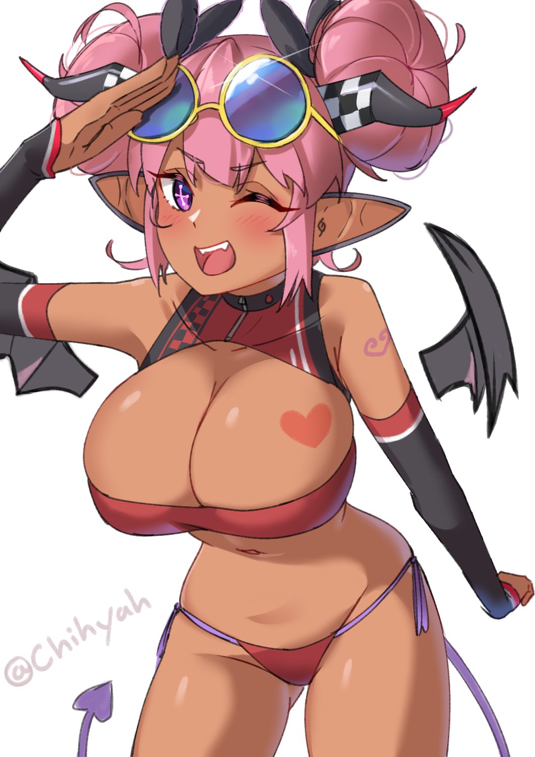 arm_sleeve artist_name bikini blush bow breasts butt_fangs chihyah demon_tail demon_wings floating_wings hair_bow highres horns indie_virtual_youtuber large_breasts one_eye_closed pink_hair pointy_ears purple_eyes salute sunglasses_on_head swimsuit tail v4mpsy virtual_youtuber wings wink