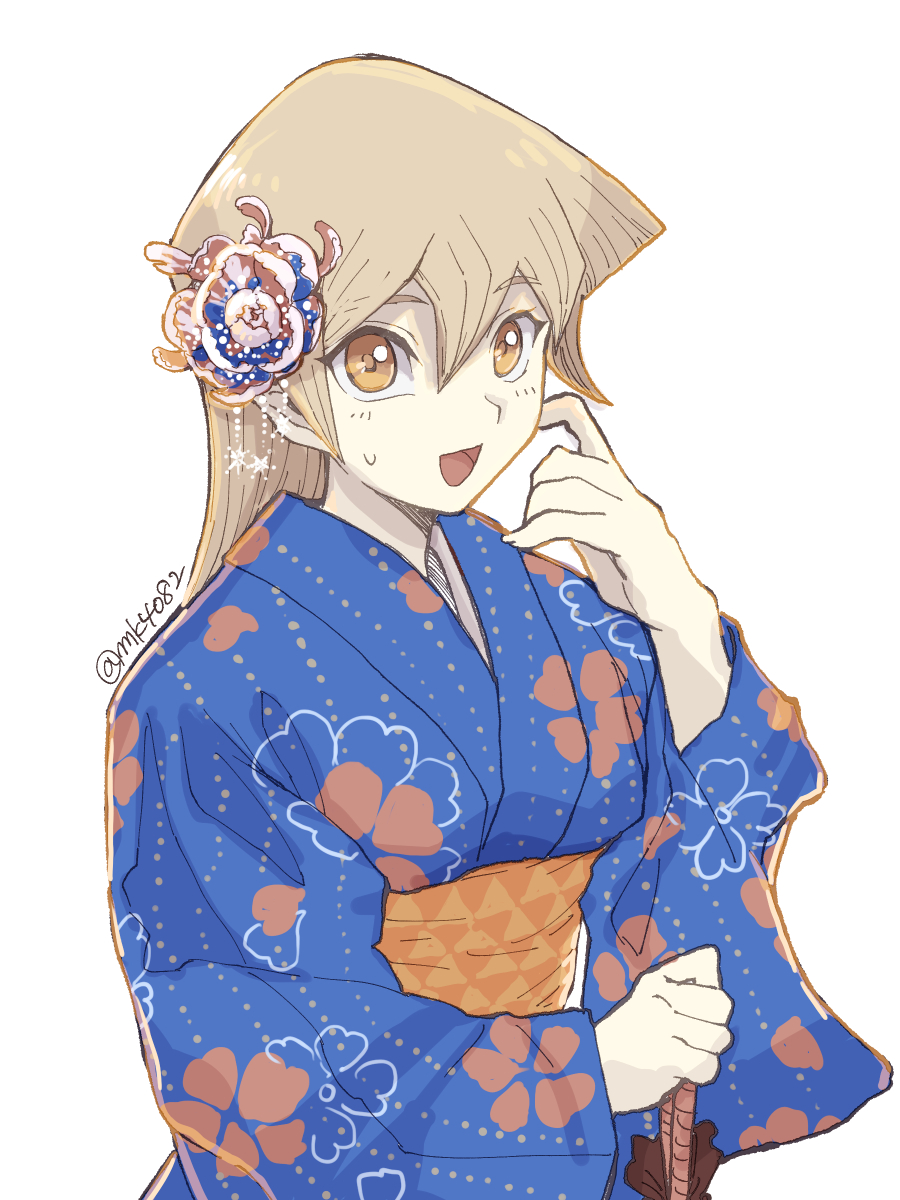 1girl blue_kimono brown_eyes brown_hair fingernails hair_ornament highres holding japanese_clothes kimono long_hair looking_at_viewer moiko obi open_mouth sash simple_background solo tenjouin_asuka twitter_username upper_body white_background wide_sleeves yu-gi-oh! yu-gi-oh!_gx