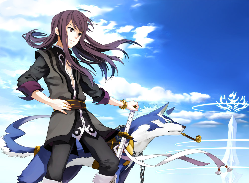 00s 1boy black_eyes black_hair blue_eyes bracelet dog jewelry kiseru long_hair male_focus md5_mismatch osamu_(jagabata) repede_(tales) resolution_mismatch smile smoking_pipe solo source_larger sword tales_of_(series) tales_of_vesperia weapon yuri_lowell