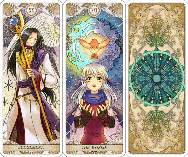 1boy 1girl :d bad_id bad_pixiv_id bird black_gloves black_hair blue_scarf bridal_gauntlets card_(medium) feathered_wings fingerless_gloves fire_emblem fire_emblem:_radiant_dawn gloves holding holding_staff judgement_(tarot) long_hair looking_at_viewer looking_up micaiah_(fire_emblem) nemupon_(goodlucky) nintendo open_mouth scarf sephiran_(fire_emblem) silver_hair smile staff standing tarot tarot_(medium) the_world_(tarot) very_long_hair white_wings wings yellow_eyes yune_(fire_emblem)