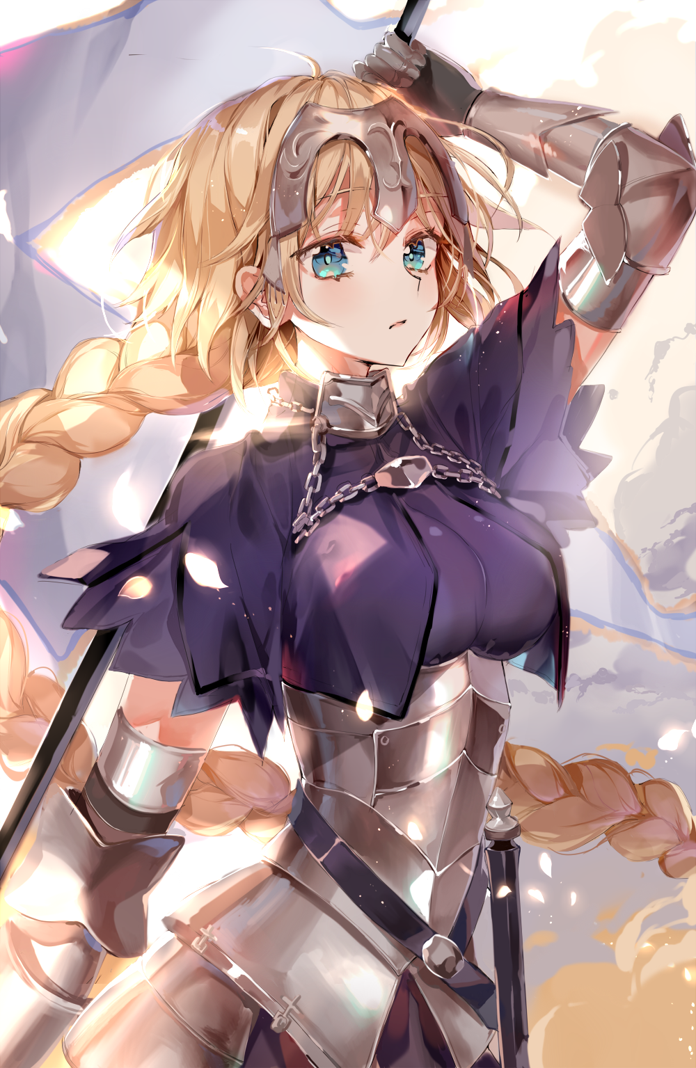 1girl ahoge arm_up armor armored_dress b_rock bad_id bad_pixiv_id banner black_gloves blonde_hair blue_eyes braid breasts capelet chain closed_mouth cross day dress elbow_gloves expressionless fate/grand_order fate_(series) faulds female_focus floating_hair framed_breasts gauntlets gloves glowing glowing_petals hair_between_eyes headpiece highres holding jeanne_d&#039;arc_(fate) jeanne_d&#039;arc_(ruler)_(fate) light_particles long_hair looking_at_viewer medium_breasts outdoors petals plackart purple_capelet purple_dress scabbard sheath sheathed single_braid solo standing sunlight sword tareme very_long_hair weapon