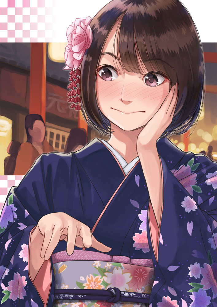 1girl blush bob_cut brown_eyes brown_hair checkered_background closed_mouth commentary festival floral_print flower gradient_background hair_flower hair_ornament hand_on_own_face japanese_clothes kimono long_sleeves looking_away new_year nose_blush obi original otsu_natsu outside_border pink_flower purple_kimono reaching reaching_towards_viewer sash short_hair swept_bangs upper_body wide_sleeves