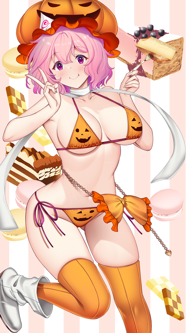 1girl bikini bodycon breasts halloween_costume hat hataraki_kuma highres large_breasts looking_at_viewer orange_hat orange_thighhighs pink_eyes pink_hair saigyouji_yuyuko short_hair solo swimsuit thighhighs touhou triangular_headpiece