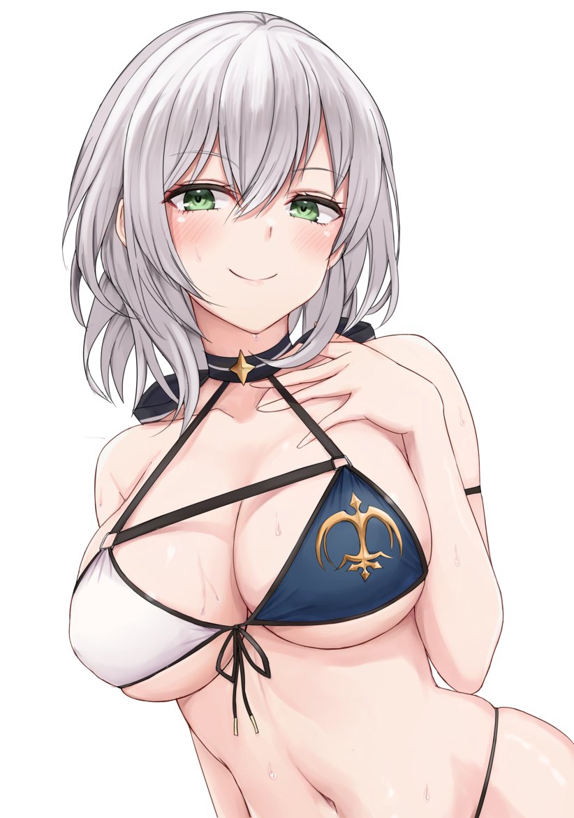 1girl alternate_costume arm_strap bikini blue_bikini blush breasts chest_strap cleavage closed_mouth commentary front-tie_bikini_top front-tie_top green_eyes grey_hair hair_between_eyes hand_on_own_chest hololive large_breasts looking_at_viewer mismatched_bikini navel shirogane_noel shirogane_noel_(summer_2020) short_hair simple_background skindentation smile smug solo string_bikini sweat swimsuit two-tone_bikini upper_body virtual_youtuber white_background white_bikini zou_eita