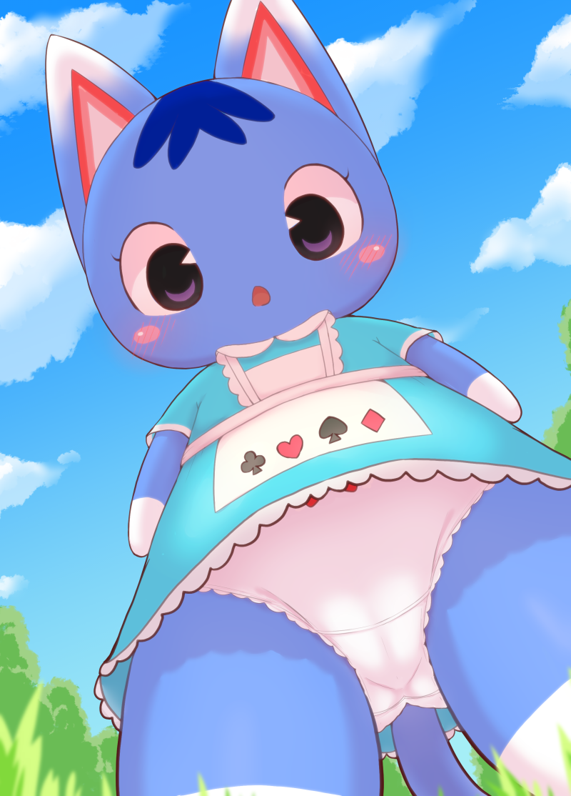 1girl animal_crossing animal_ears blue_dress blue_fur blue_hair blue_sky blue_theme blush blush_stickers body_fur bow bow_panties cameltoe cat_ears cat_girl cat_tail cloud cowboy_shot day dress female_focus flat_chest frilled_dress frills from_below furry furry_female gluteal_fold grass kajiura looking_at_viewer looking_down nintendo open_mouth outdoors panties purple_eyes rosie_(animal_crossing) short_dress short_hair short_sleeves sky solo standing tail tree two-tone_fur underwear upskirt white_fur white_panties wide-eyed