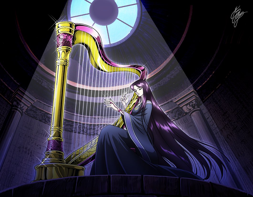 1girl black_dress dress closed_eyes full_body harp instrument jewelry light long_hair marco_albiero music necklace pandora_(saint_seiya) playing_instrument purple_hair saint_seiya signature sitting solo sparkle very_long_hair wide_sleeves window