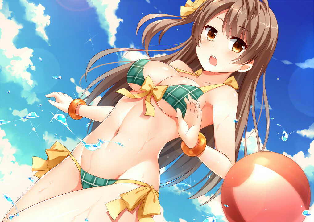 10s 1girl ball bangle beachball bikini blush bow bracelet breasts brown_eyes brown_hair cloud day green_bikini halterneck jewelry lens_flare long_hair love_live! love_live!_school_idol_project minami_kotori mmrailgun navel open_mouth outdoors plaid_bikini plaid_clothes shiny_skin side_ponytail skindentation sky solo sparkle swimsuit very_long_hair