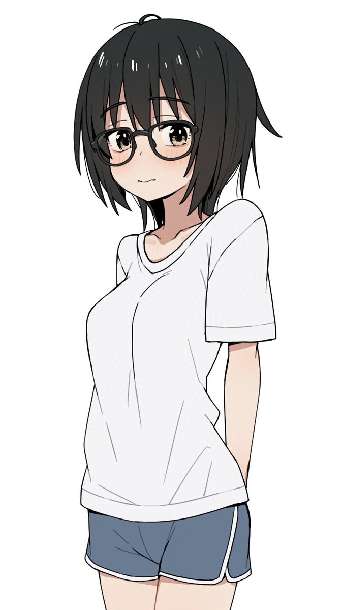 1girl arms_behind_back black-framed_eyewear black_hair blue_shorts blush breasts brown_eyes closed_mouth collarbone cowboy_shot glasses highres itami_sumihito looking_at_viewer original shirt short_hair short_shorts short_sleeves shorts solo standing striped_clothes striped_shirt white_background white_shirt