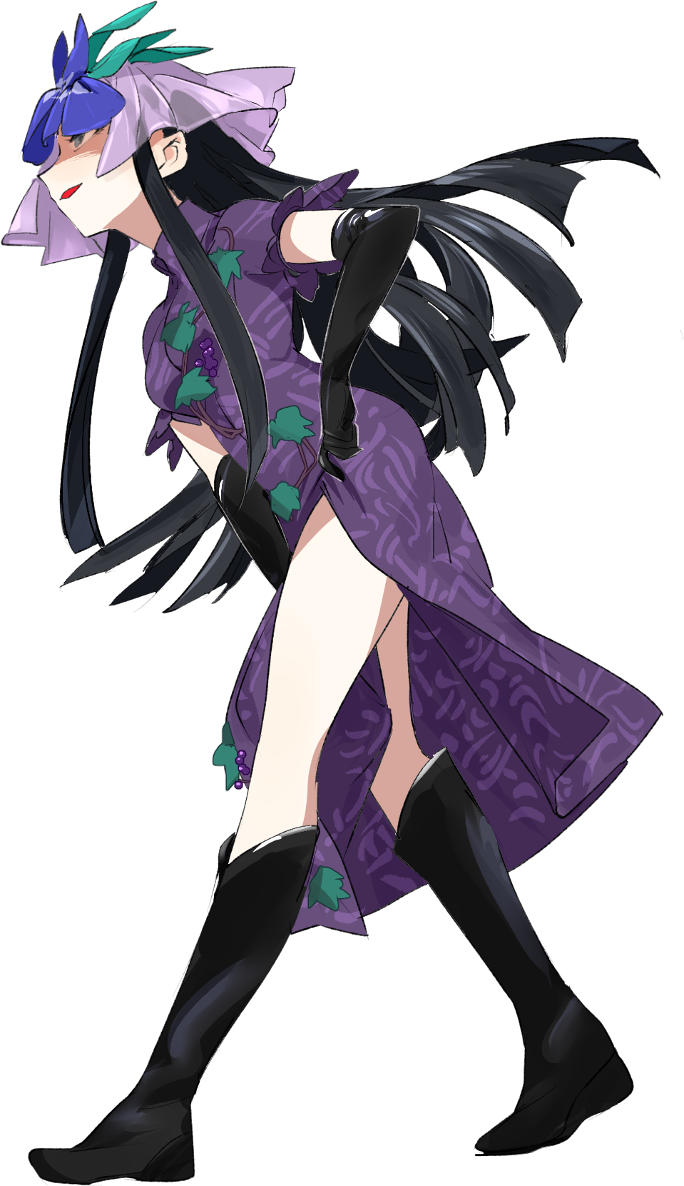 1girl black_boots black_eyes black_gloves black_hair boots chamaruk china_dress chinese_clothes dress elbow_gloves flower flower_on_head food_print from_side fruit_print full_body gloves grape_print highres knee_boots long_hair open_mouth profile purple_dress purple_flower short_sleeves sidelocks simple_background solo touhou vine_print white_background yomotsu_hisami