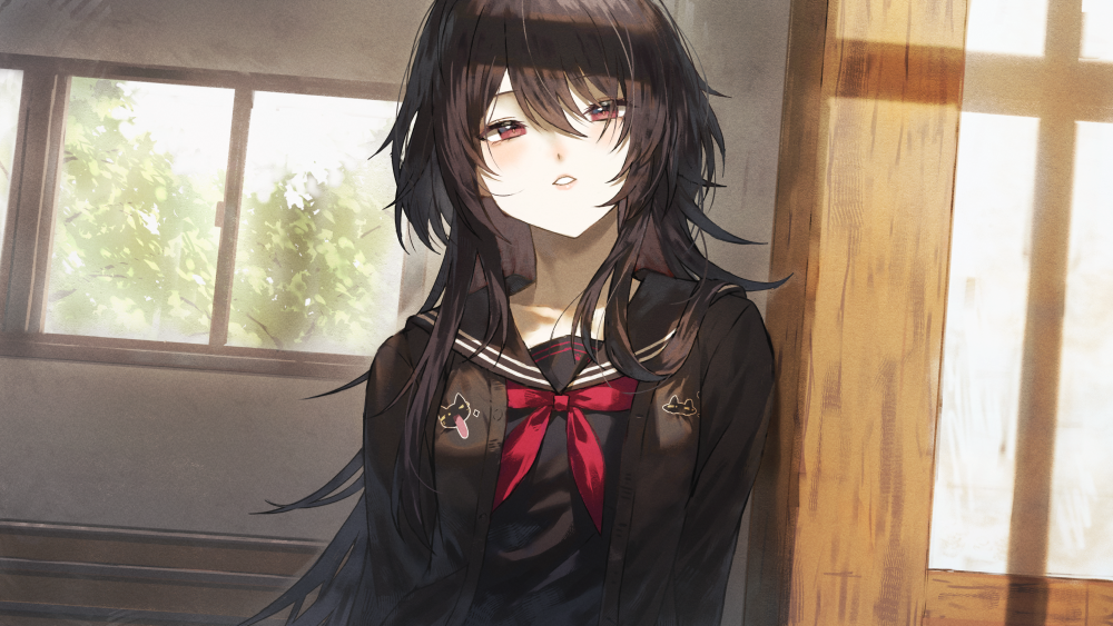 1girl black_cardigan black_hair black_sailor_collar black_shirt cardigan commentary fagi_(kakikaki) hair_between_eyes indoors kisaragi_ren_(5th_costume) kisaragi_ren_(vtuber) long_hair looking_at_viewer making-of_available neckerchief open_cardigan open_clothes open_mouth red_eyes red_neckerchief sailor_collar school_uniform serafuku shirt solo upper_body virtual_youtuber vspo!