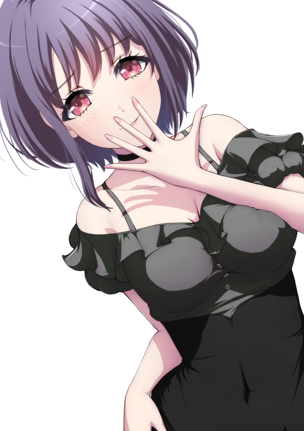 1girl bang_dream! bang_dream!_it&#039;s_mygo!!!!! bare_shoulders black_choker black_skirt blush breasts buttons choker clothing_cutout collarbone commentary_request covered_navel dutch_angle fingernails frilled_shirt frilled_sleeves frills grey_shirt hand_on_own_hip hand_to_own_mouth high-waist_skirt highres hiraken looking_at_viewer medium_breasts parted_lips partial_commentary purple_hair red_eyes shirt shirt_tucked_in short_hair short_sleeves shoulder_cutout simple_background single_sidelock skirt smile solo spaghetti_strap upper_body white_background yuutenji_nyamu