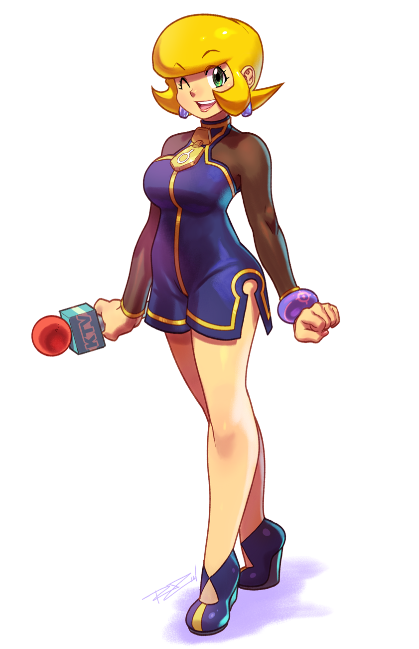 1girl bad_id bad_tumblr_id bare_legs blonde_hair bracelet breasts detached_sleeves dress earrings female_focus green_eyes halterneck highres jewelry matilda_(rockman_dash) matilda_caskett_(mega_man) mature_female mega_man_(series) mega_man_legends_(series) microphone one_eye_closed platform_footwear platform_heels reporter robaato short_dress short_hair side_slit solo wink