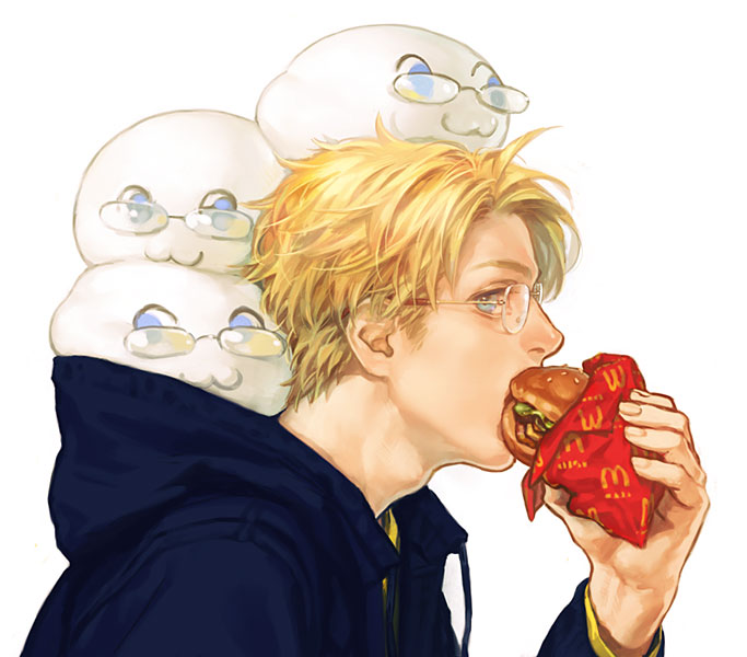 1boy :3 a_k_i america_(hetalia) axis_powers_hetalia blonde_hair blue_eyes burger eating food glasses hood hoodie male_focus mcdonald&#039;s portrait profile simple_background solo