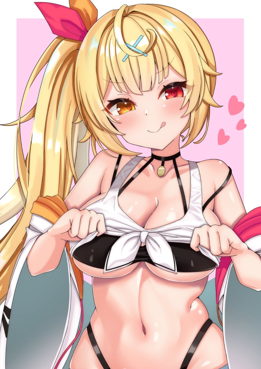 1girl :q bare_shoulders bikini bikini_under_clothes black_bikini black_choker blonde_hair breasts choker cleavage closed_mouth clothes_lift collarbone crop_top front-tie_top hair_ornament hair_ribbon heart heterochromia highleg highres hoshikawa_sara jacket large_breasts lifting_own_clothes long_hair looking_at_viewer midriff navel nijisanji off_shoulder open_clothes open_jacket orange_eyes red_eyes ribbon shirt shirt_lift side_ponytail sleeveless sleeveless_shirt smile solo spaghetti_strap stomach swimsuit tank_top tongue tongue_out toriniku_(selene1050) underboob upper_body v-shaped_eyebrows virtual_youtuber white_jacket white_shirt wide_sleeves x_hair_ornament