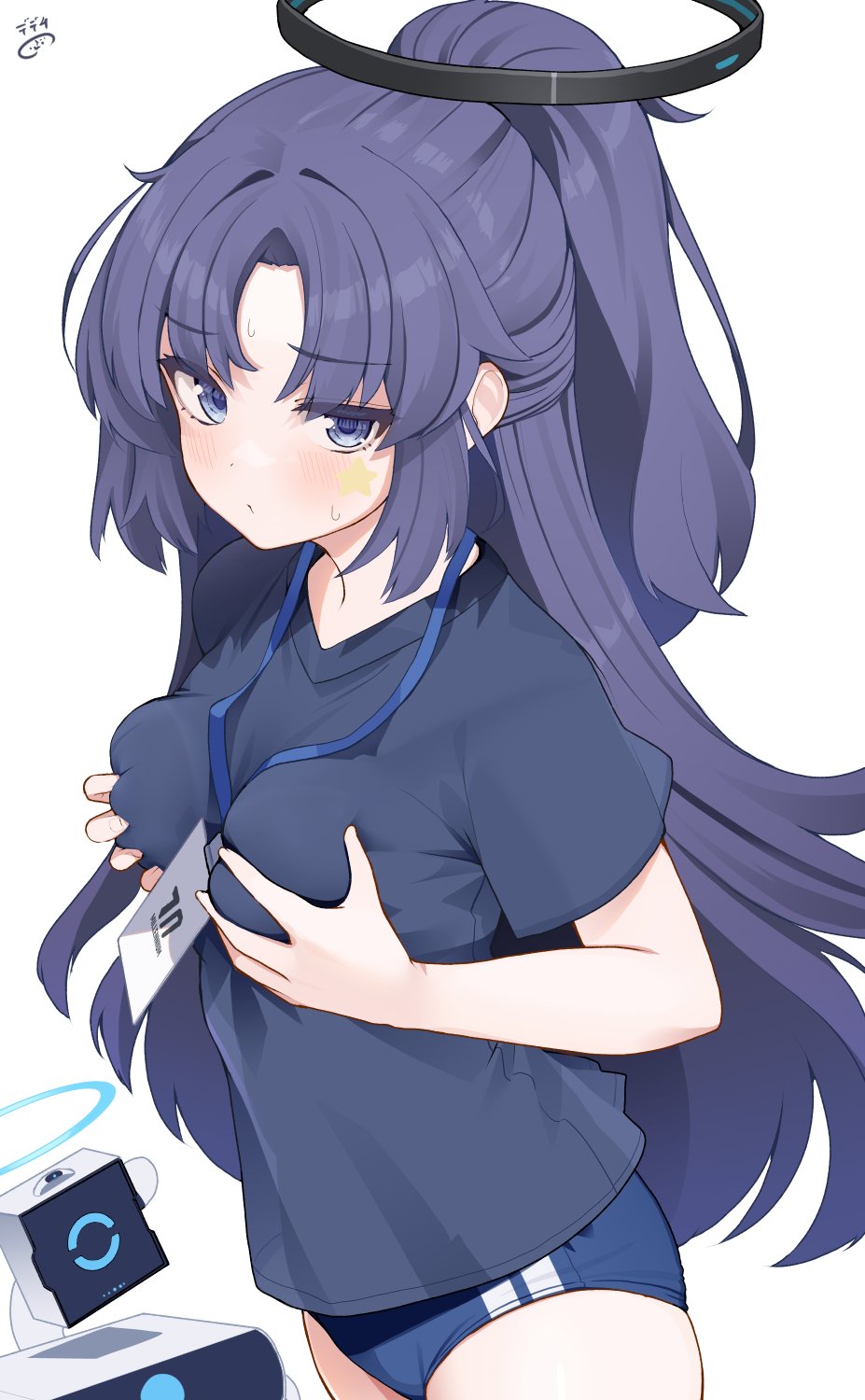 1girl black_shirt blue_archive blue_buruma blush breasts buruma drone grabbing_own_breast gym_shirt gym_uniform halo highres id_card lanyard long_hair looking_at_viewer mechanical_halo nejime official_alternate_costume ponytail purple_eyes purple_hair shirt short_sleeves simple_background solo star_sticker sticker_on_face sweat sweatdrop white_background yuuka_(blue_archive) yuuka_(track)_(blue_archive)