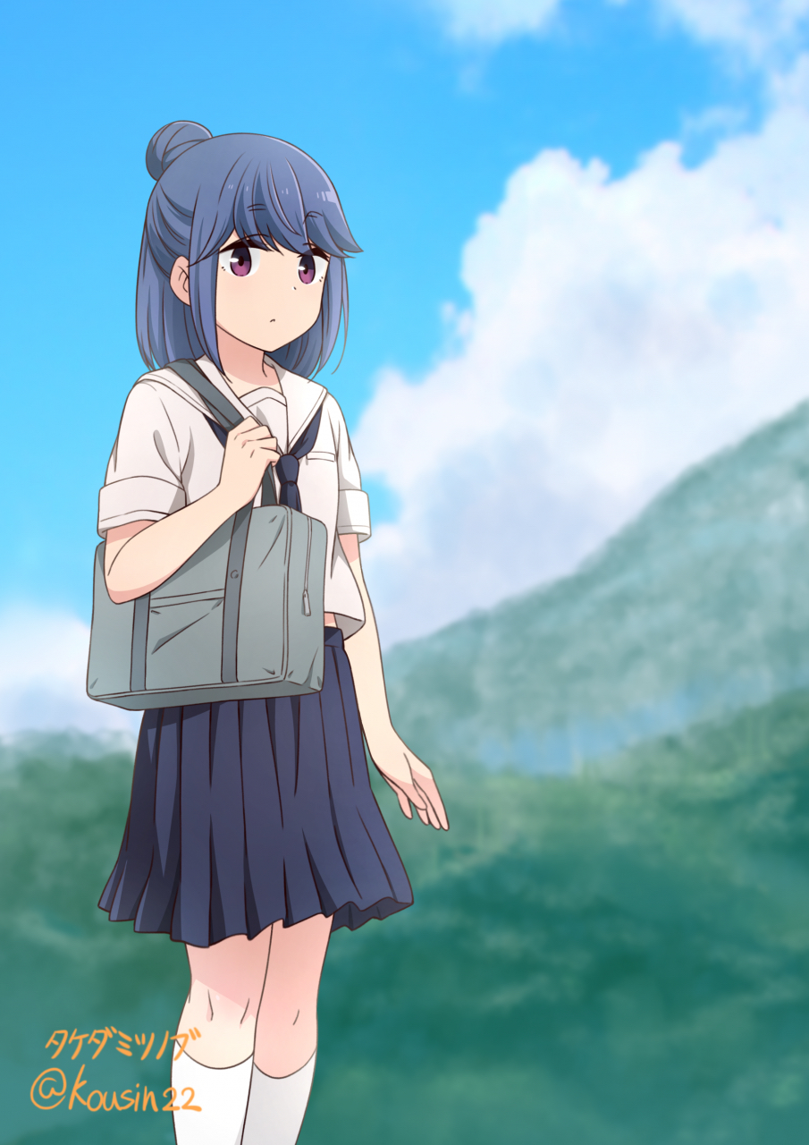 1girl aged_down bag black_neckerchief black_skirt blue_hair blue_sky closed_mouth cloud commentary day hair_bun highres kneehighs kousin looking_at_viewer medium_hair mountain neckerchief outdoors pleated_skirt purple_eyes sailor_collar school_bag school_uniform serafuku shima_rin shirt short_sleeves shoulder_bag single_hair_bun skirt sky socks solo standing translation_request twitter_username white_sailor_collar white_shirt white_socks yurucamp zipper_pull_tab