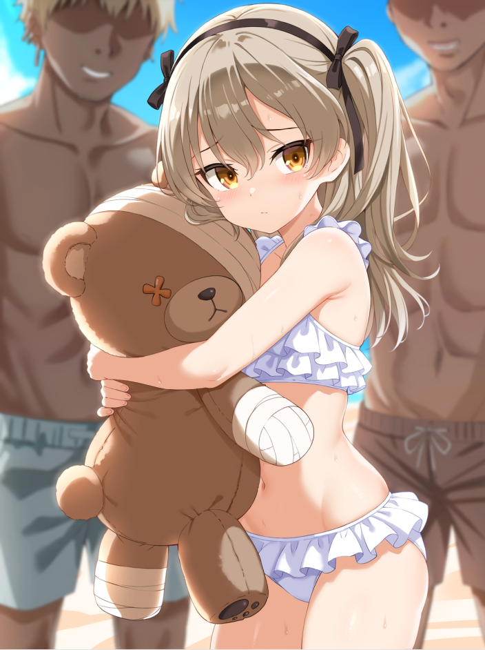 1girl 2boys bandages beach bikini black_ribbon blue_sky blush boko_(girls_und_panzer) brown_eyes brown_hair cloud day frilled_bikini frills girls_und_panzer hair_ribbon holding holding_stuffed_toy long_hair looking_at_viewer multiple_boys navel one_side_up open_mouth outdoors ribbon sand shimada_arisu sky standing stuffed_animal stuffed_toy sweat swimsuit teddy_bear touchuu_kasou white_bikini