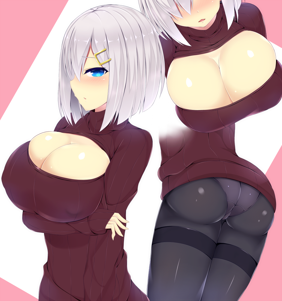 10s 1girl ass blue_eyes breasts cleavage cleavage_cutout clothing_cutout hair_over_one_eye hamakaze_(kancolle) kantai_collection large_breasts meme_attire multiple_views panties panties_under_pantyhose pantyhose short_hair silver_hair thighband_pantyhose underwear yahiro_(anhnw)