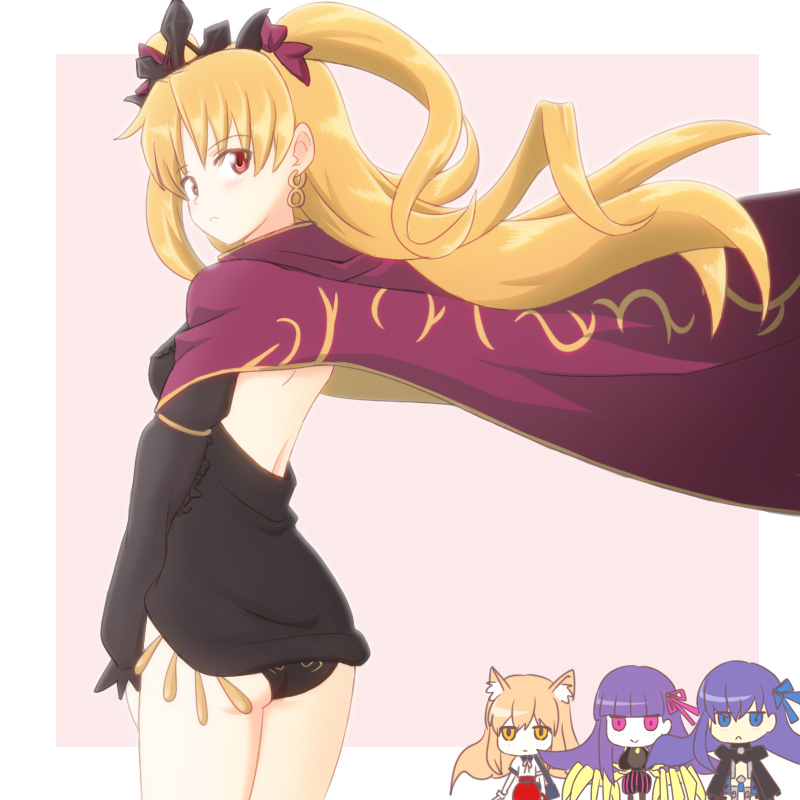 1girl animal_ear_fluff animal_ears ass atair blonde_hair cape dress earrings ereshkigal_(fate) fate/extra fate/extra_ccc fate/extra_ccc_fox_tail fate/grand_order fate_(series) fox_ears hair_ribbon jewelry long_hair looking_at_viewer meltryllis_(fate) passionlip_(fate) red_eyes ribbon strapless strapless_dress suzuka_gozen_(fate) tiara tohsaka_rin twintails two_side_up