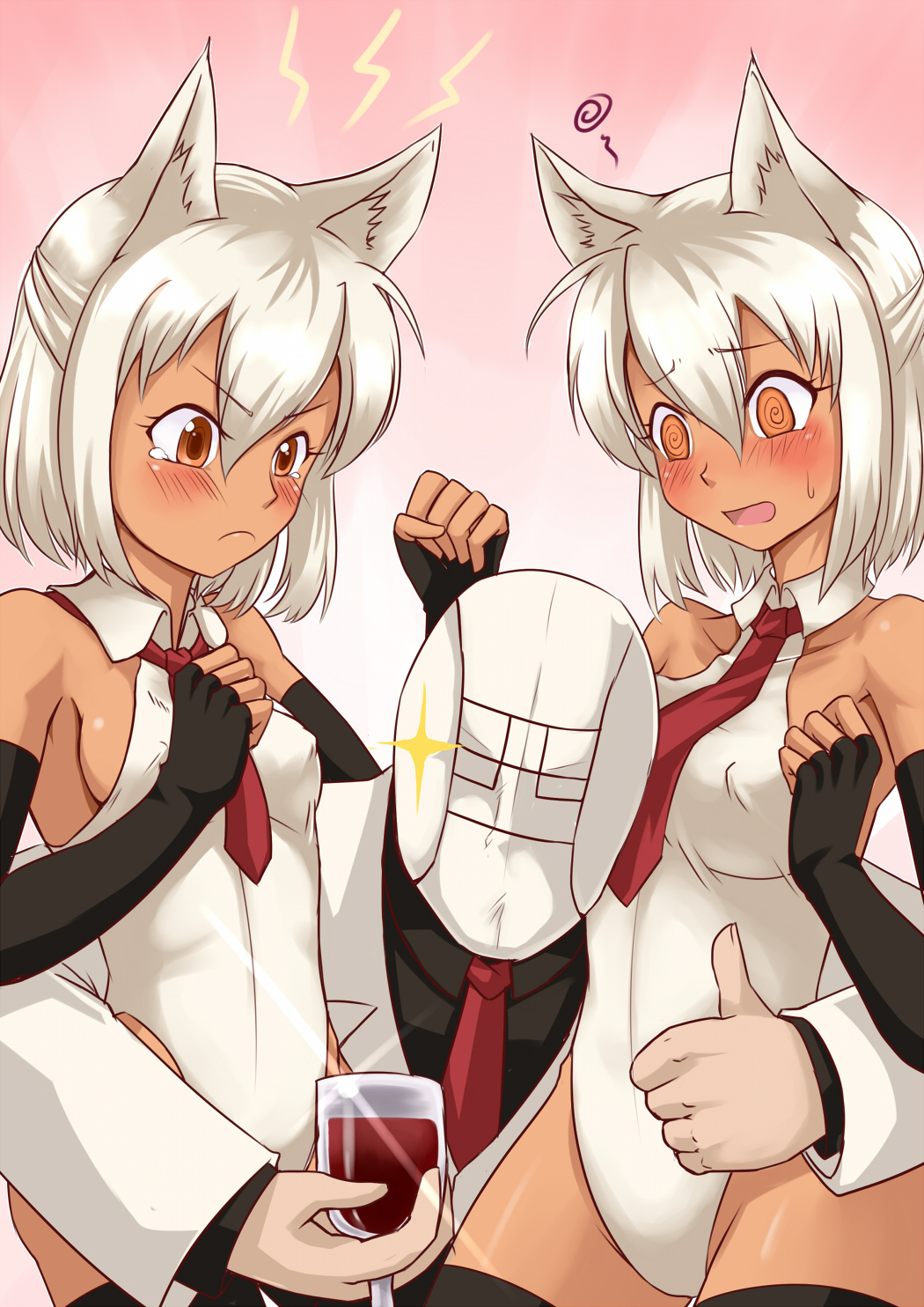 1boy 2girls @_@ alcohol animal_ears artist_self-insert bare_shoulders black_legwear blush breasts cat_ears coconut_(evil000000s) covered_erect_nipples cup dark-skinned_female dark_skin drinking_glass elbow_gloves fingerless_gloves gloves highres medium_breasts multiple_girls nam_(valckiry) necktie nonoko_(evil000000s) nonoko_(nishino) open_mouth original pout short_hair small_breasts sparkle sunoko_(evil000000s) sunoko_(nishino) tears thighhighs thumbs_up white_hair wine wine_glass