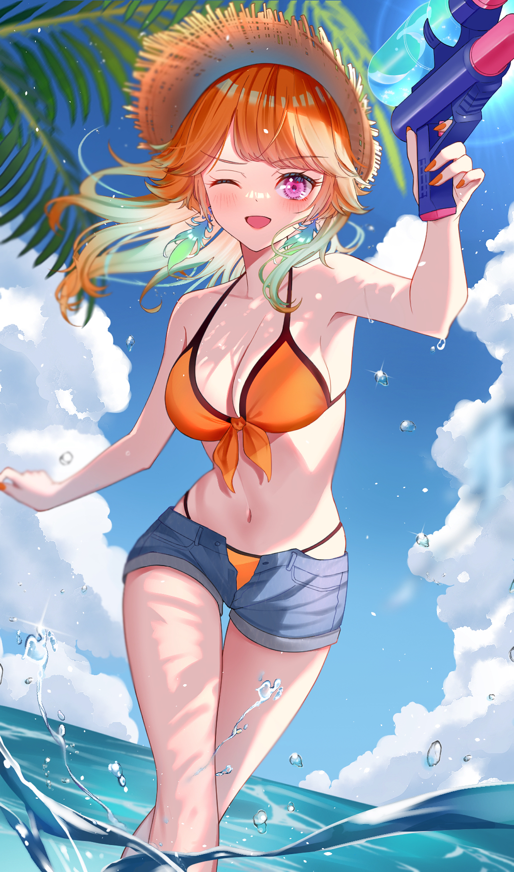 1girl bare_shoulders bikini bikini_under_clothes blush breasts cleavage denim denim_shorts earrings feather_earrings feathers gradient_hair green_hair highres holding holding_water_gun hololive hololive_english jewelry large_breasts long_hair looking_at_viewer multicolored_hair multiple_girls nail_polish navel one_eye_closed open_fly open_mouth orange_bikini orange_hair outdoors purple_eyes shirase_rin shorts smile solo swimsuit takanashi_kiara virtual_youtuber water_gun