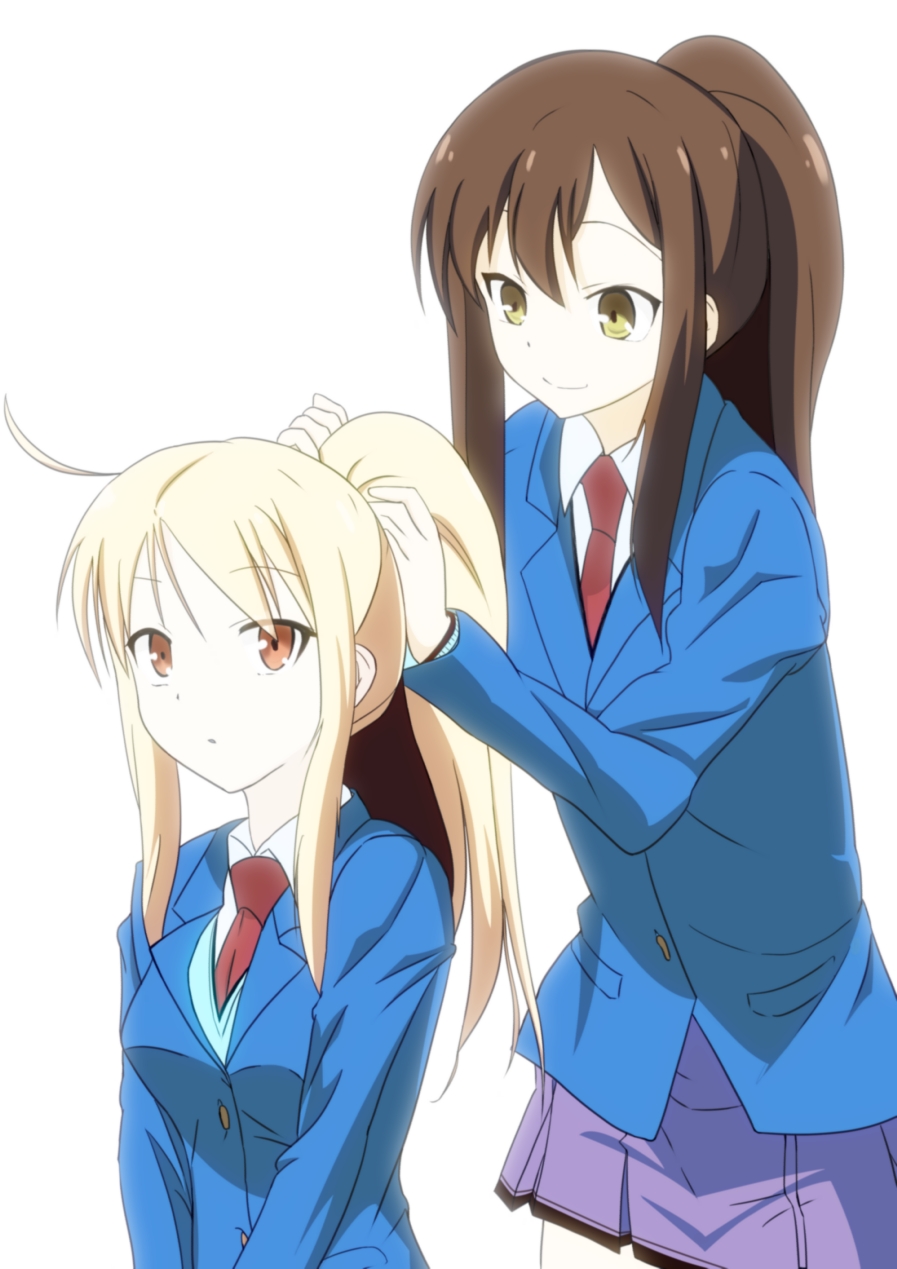 10s 2girls aoyama_nanami blazer blonde_hair brown_hair hairdressing highres long_hair migiue multiple_girls necktie ponytail red_eyes sakura-sou_no_pet_na_kanojo school_uniform shiina_mashiro shirt skirt yellow_eyes