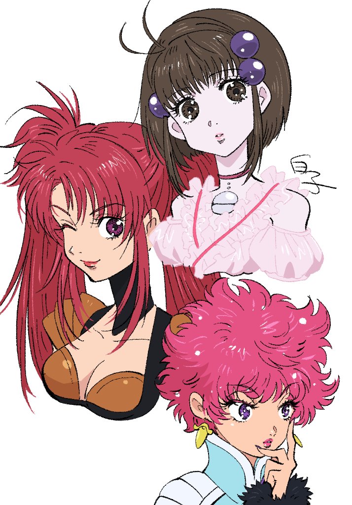 3girls black_hair breasts choker cleavage closed_mouth commentary_request earrings harold_berselius jewelry lipstick long_hair looking_at_viewer makeup medium_breasts multiple_girls nanaly_fletch one_eye_closed purple_eyes reala_(tales) red_hair shirako_(kirupi) short_hair simple_background smile tales_of_(series) tales_of_destiny tales_of_destiny_2 twintails very_short_hair white_background