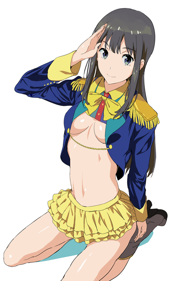 10s 1girl bad_id bad_pixiv_id black_eyes breasts epaulettes female_focus kneeling long_hair looking_at_viewer midriff salute shimada_mayu shino_(comic_penguin_club) simple_background skirt smile solo underboob wake_up_girls! white_background