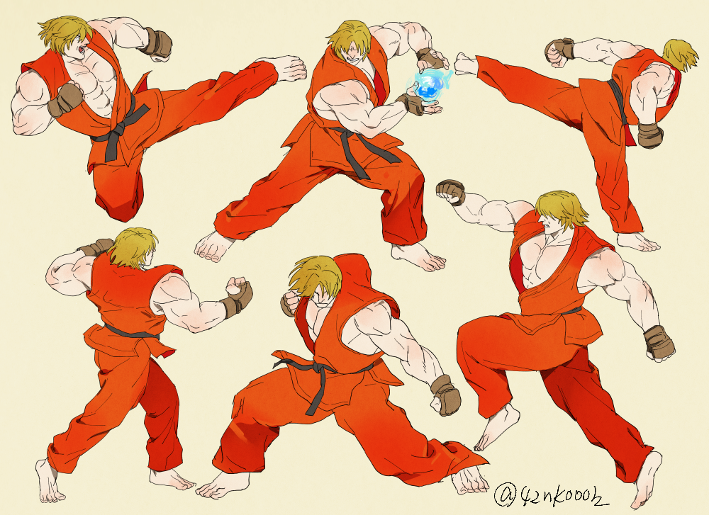 1boy 42nkooon abs bare_pectorals barefoot blonde_hair commentary_request dougi hand_guard karate_gi ken_masters large_pectorals male_focus martial_arts_belt multiple_views muscular muscular_male pectorals simple_background sleeveless street_fighter tamami twitter_username