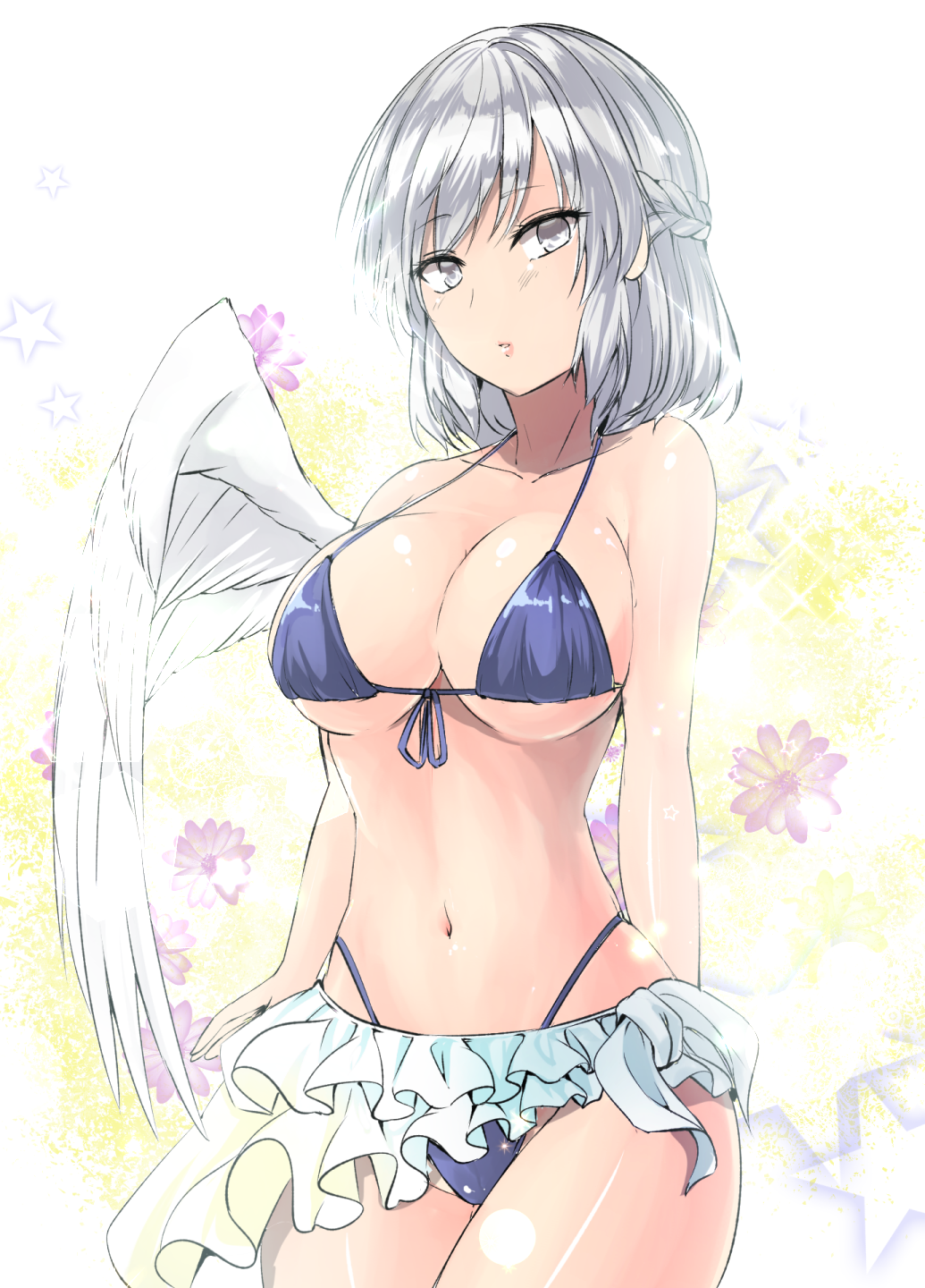 1girl bare_arms bare_shoulders bikini bikini_skirt blue_bikini braid breasts collarbone commentary_request cowboy_shot feathered_wings flower french_braid front-tie_bikini_top front-tie_top grey_eyes halterneck highleg highleg_bikini highres kishin_sagume large_breasts looking_at_viewer navel purple_flower short_hair silver_hair single_wing solo standing stomach swimsuit thighs touhou white_background white_wings wings y2