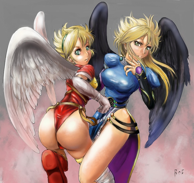 2girls angel_wings ass black_wings blonde_hair blush boots breasts breath_of_fire breath_of_fire_ii bridal_gauntlets capcom dress green_eyes huge_ass knee_boots large_breasts large_wings legs leotard long_hair long_legs multiple_girls nina_(breath_of_fire_i) nina_(breath_of_fire_ii) no_panties red_leotard side_slit sidelocks tanaka_tsuyushi thigh_boots thighhighs thighs thong wings