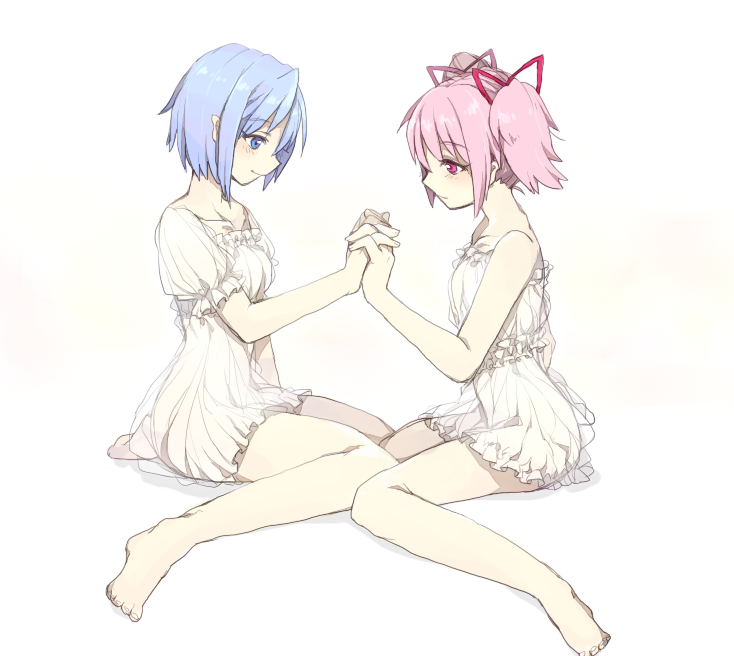 10s 2girls barefoot blue_eyes blue_hair blush full_body hair_ribbon holding_hands interlocked_fingers kaname_madoka karasu_tsuki mahou_shoujo_madoka_magica mahou_shoujo_madoka_magica_(anime) miki_sayaka multiple_girls myuu_(hellomagic) nightgown own_hands_together pink_eyes pink_hair ribbon short_hair short_twintails simple_background sitting smile twintails wariza white_background