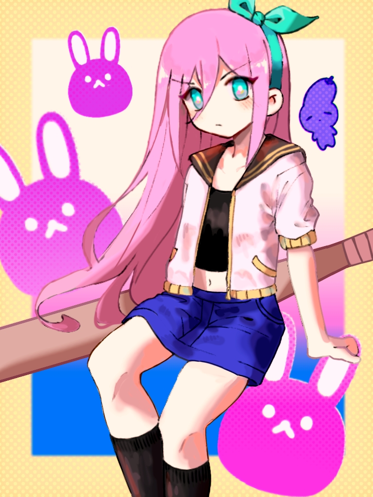 1girl aubrey_(faraway)_(omori) aubrey_(omori) baseball_bat blue_eyes blue_shorts blush closed_mouth hairband jacket long_hair looking_at_viewer matouchi_(matouti118) omori pink_hair polka_dot polka_dot_background shirt short_sleeves shorts upper_body white_jacket