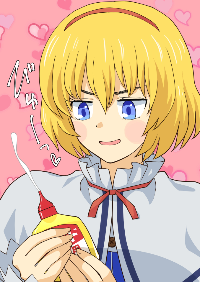 1girl alice_margatroid blonde_hair blue_eyes blush capelet commentary_request cookie_(touhou) glue hairband heart heart_background meis_(terameisu) neck_ribbon open_mouth pink_background red_hairband red_ribbon ribbon sakuranbou_(cookie) sexually_suggestive short_hair smile solo touhou upper_body v-shaped_eyebrows white_capelet